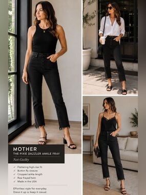 MOTHER The Pixie Dazzler Ankle Fray Not Guilty Black Jeans Size 33